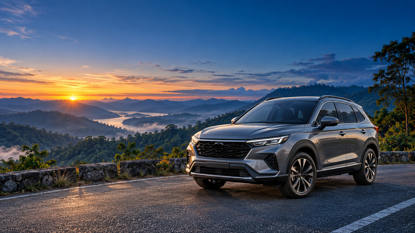 Visual AI SUV di jalan berlatar bukit Malaysia